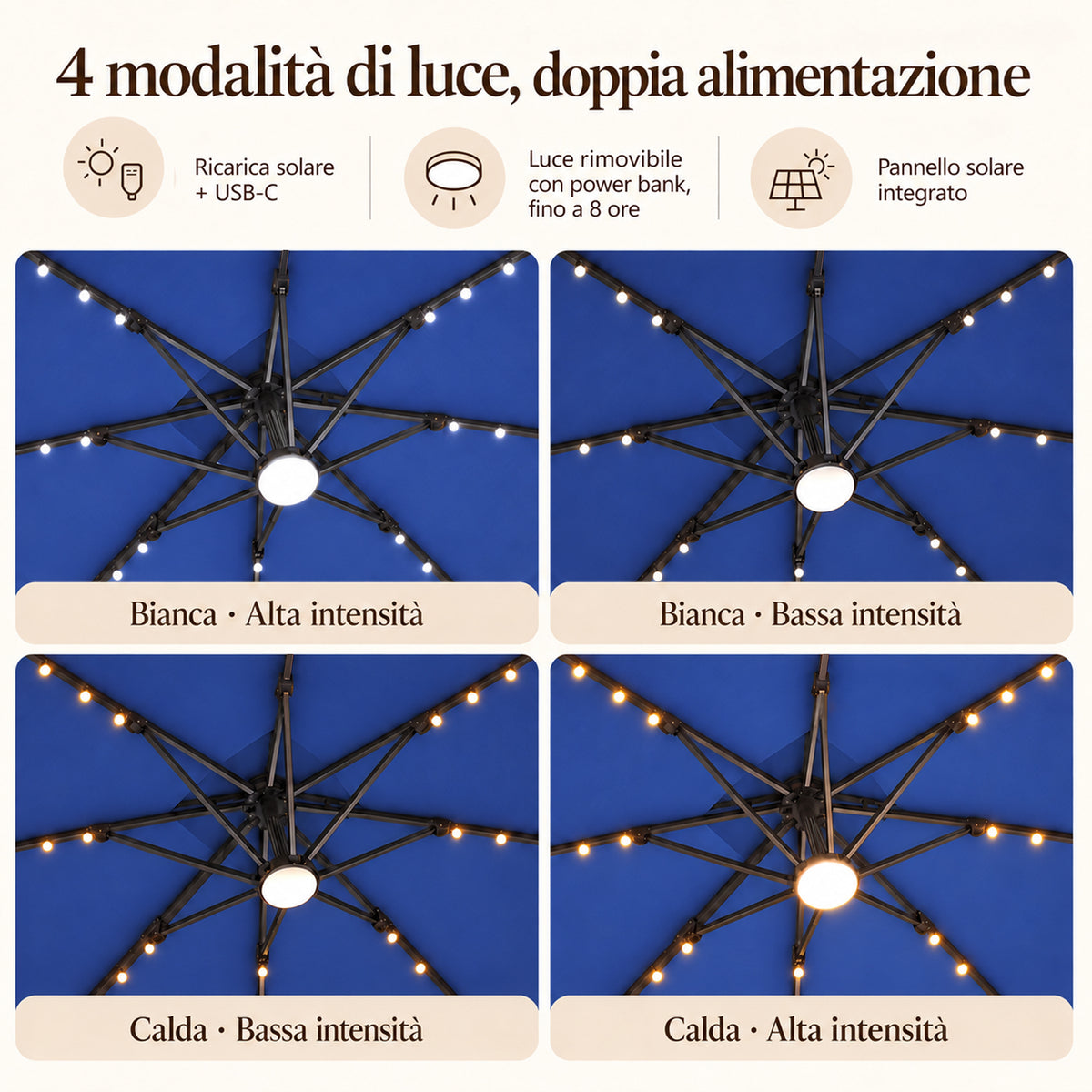 Ombrellone a braccio laterale con LED integrati