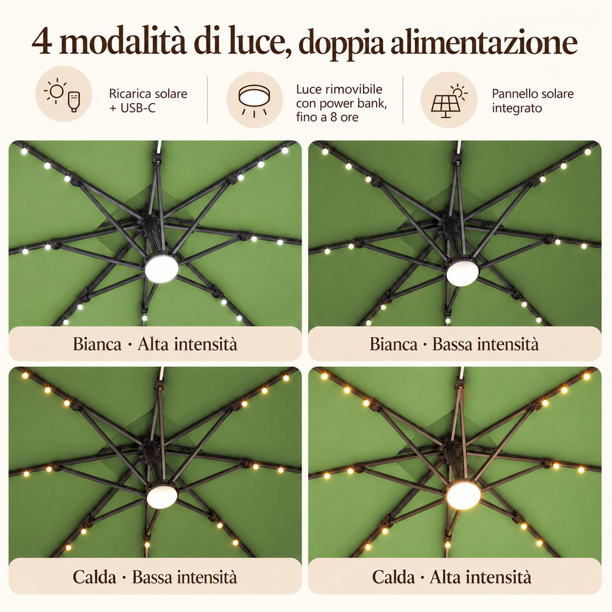 Ombrellone a braccio laterale con LED integrati