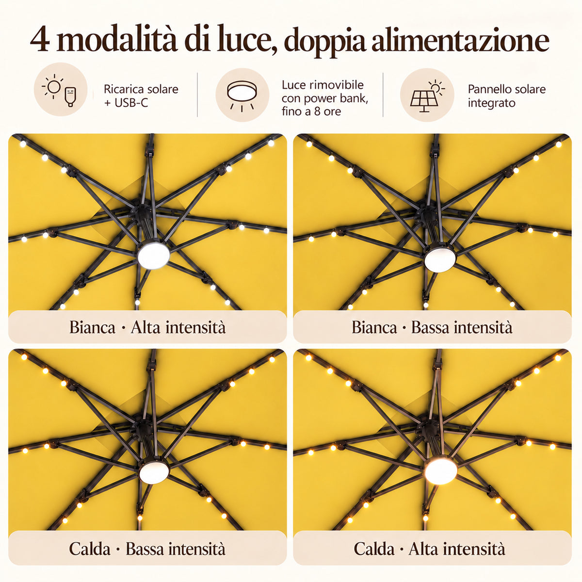 Ombrellone a braccio laterale con LED integrati