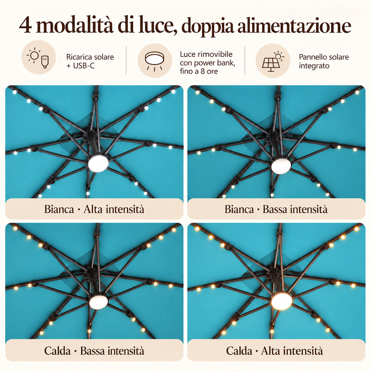 Ombrellone a braccio laterale con LED integrati