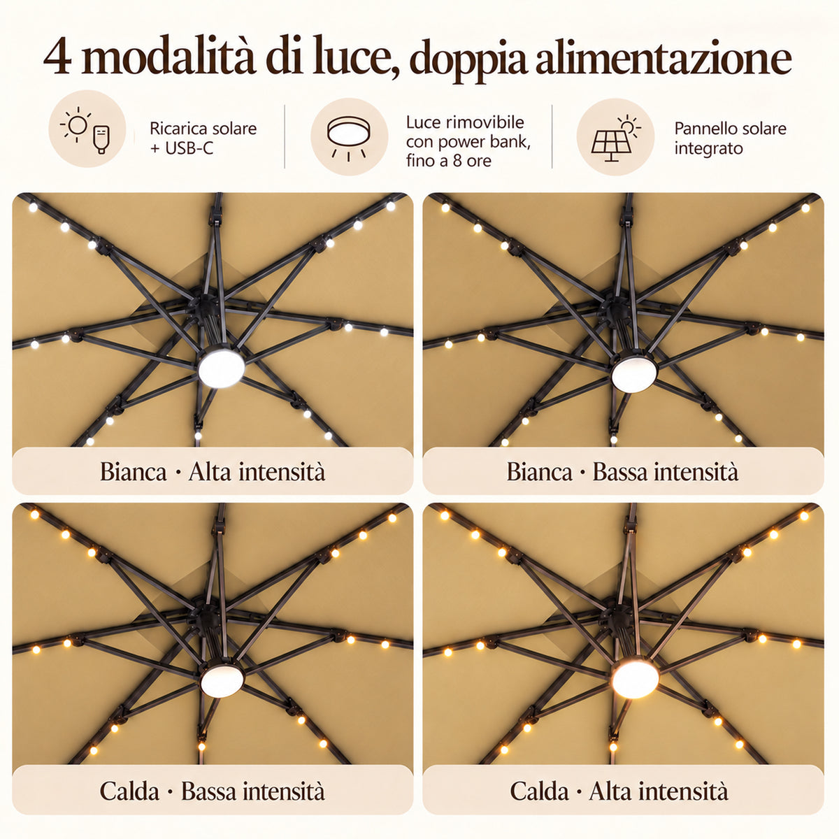 Ombrellone a braccio laterale con LED integrati
