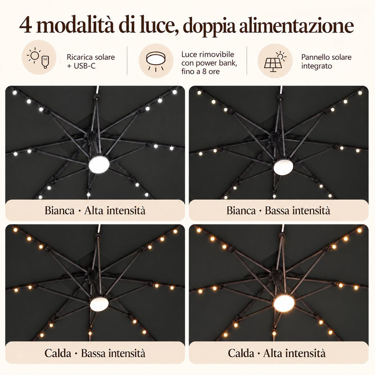 Ombrellone a braccio laterale con LED integrati