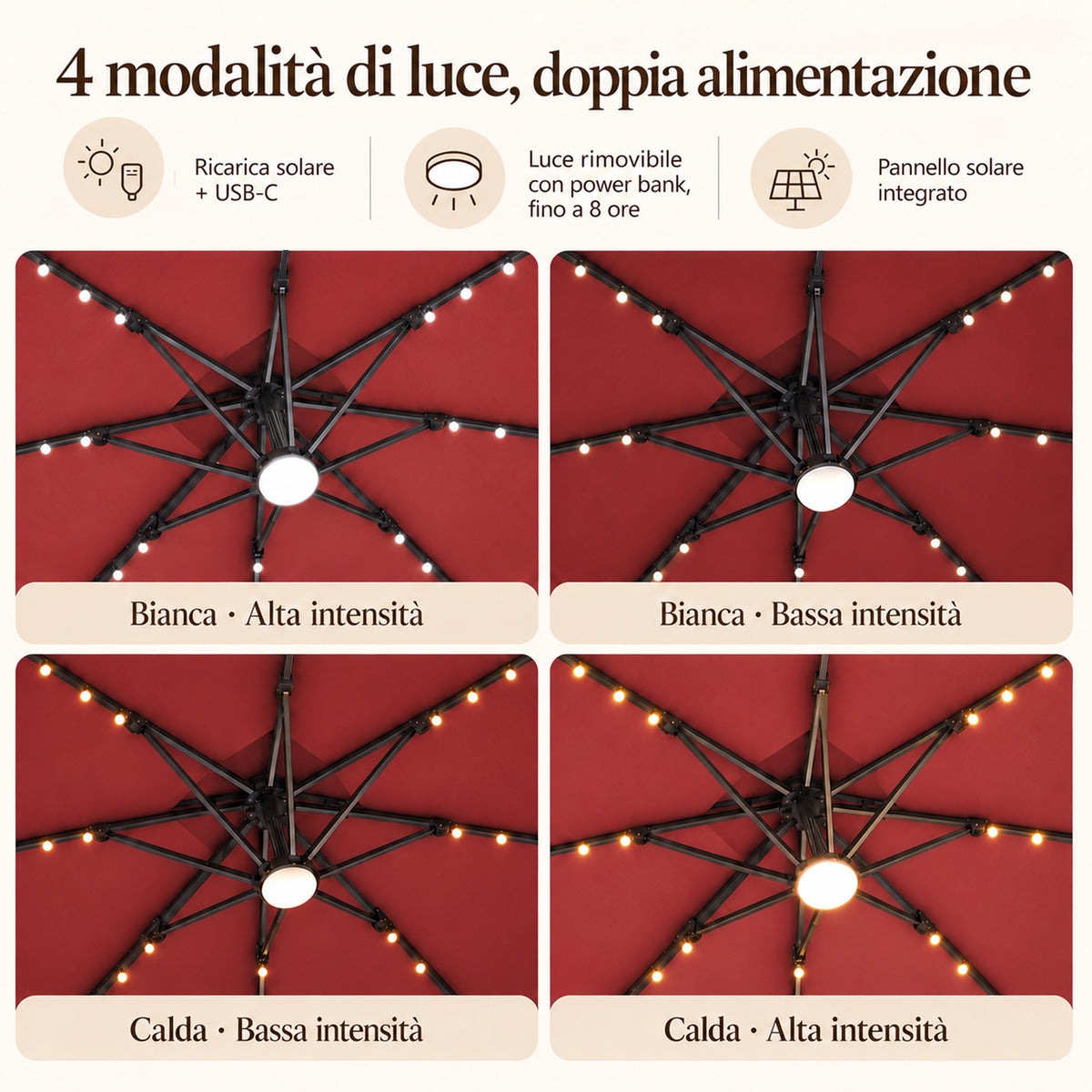 Ombrellone a braccio laterale con LED integrati
