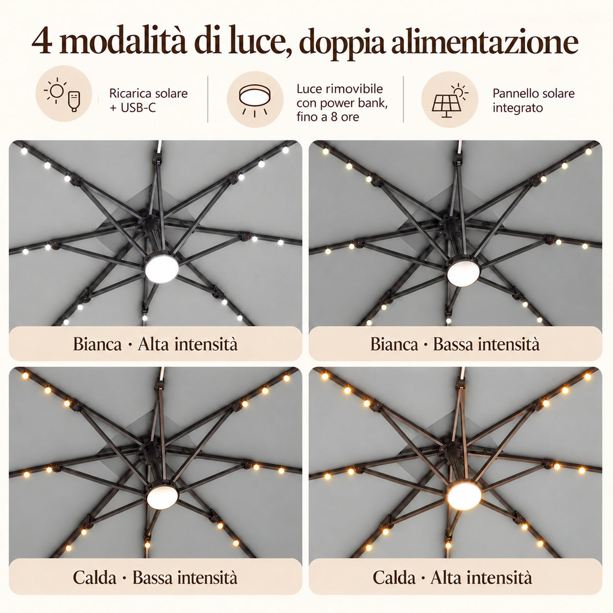 Ombrellone a braccio laterale con LED integrati