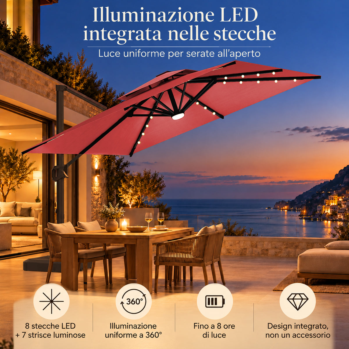 Ombrellone a braccio laterale con LED integrati