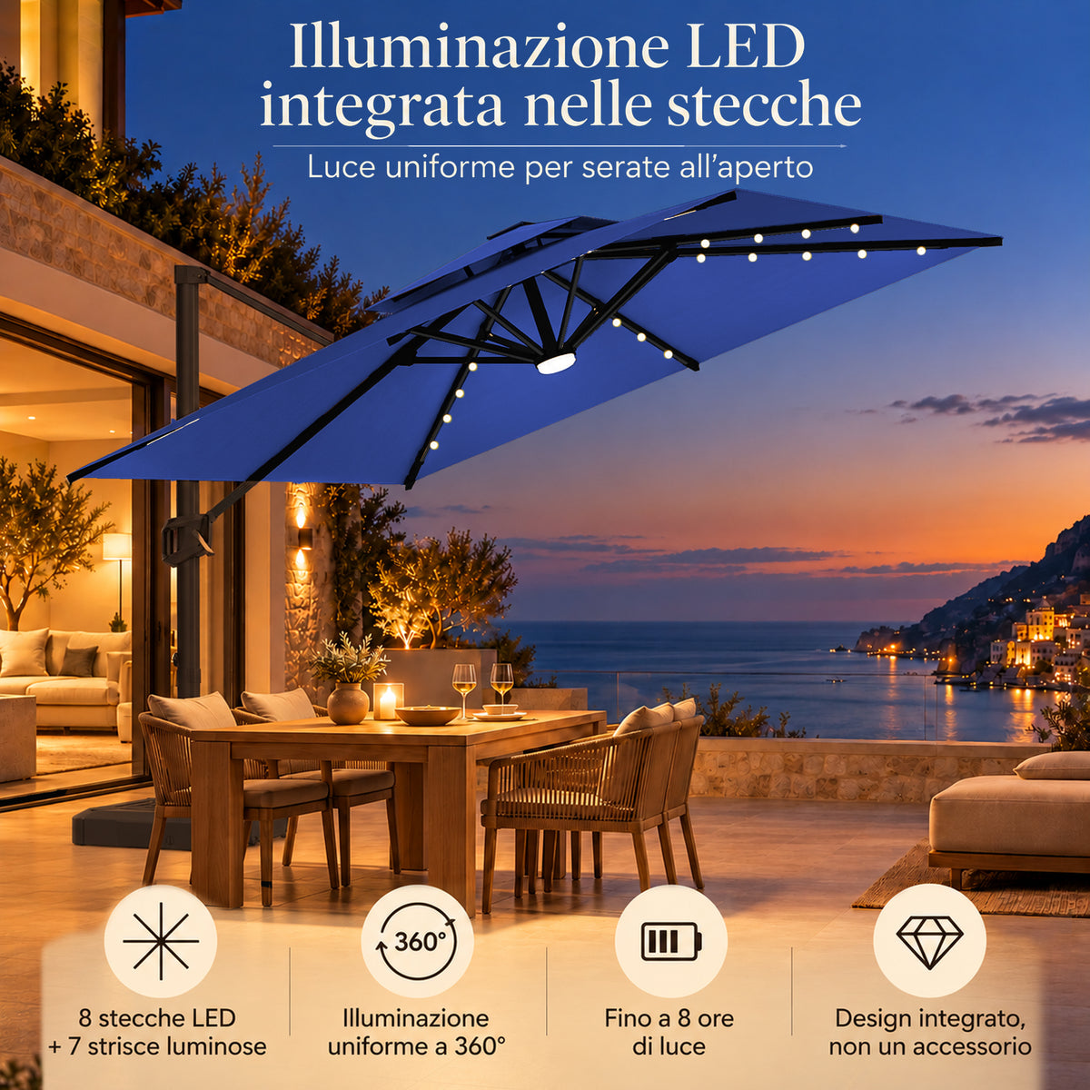 Ombrellone a braccio laterale con LED integrati
