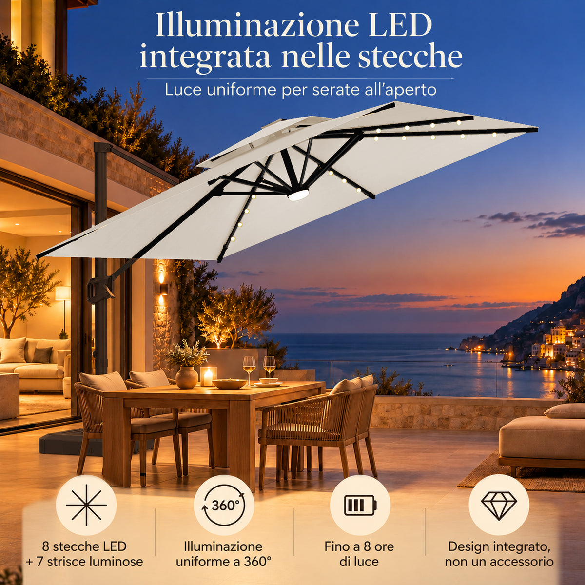 Ombrellone a braccio laterale con LED integrati
