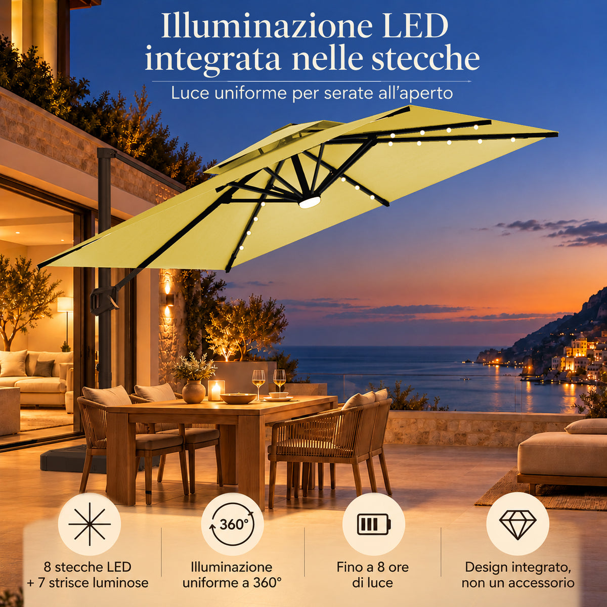 Ombrellone a braccio laterale con LED integrati