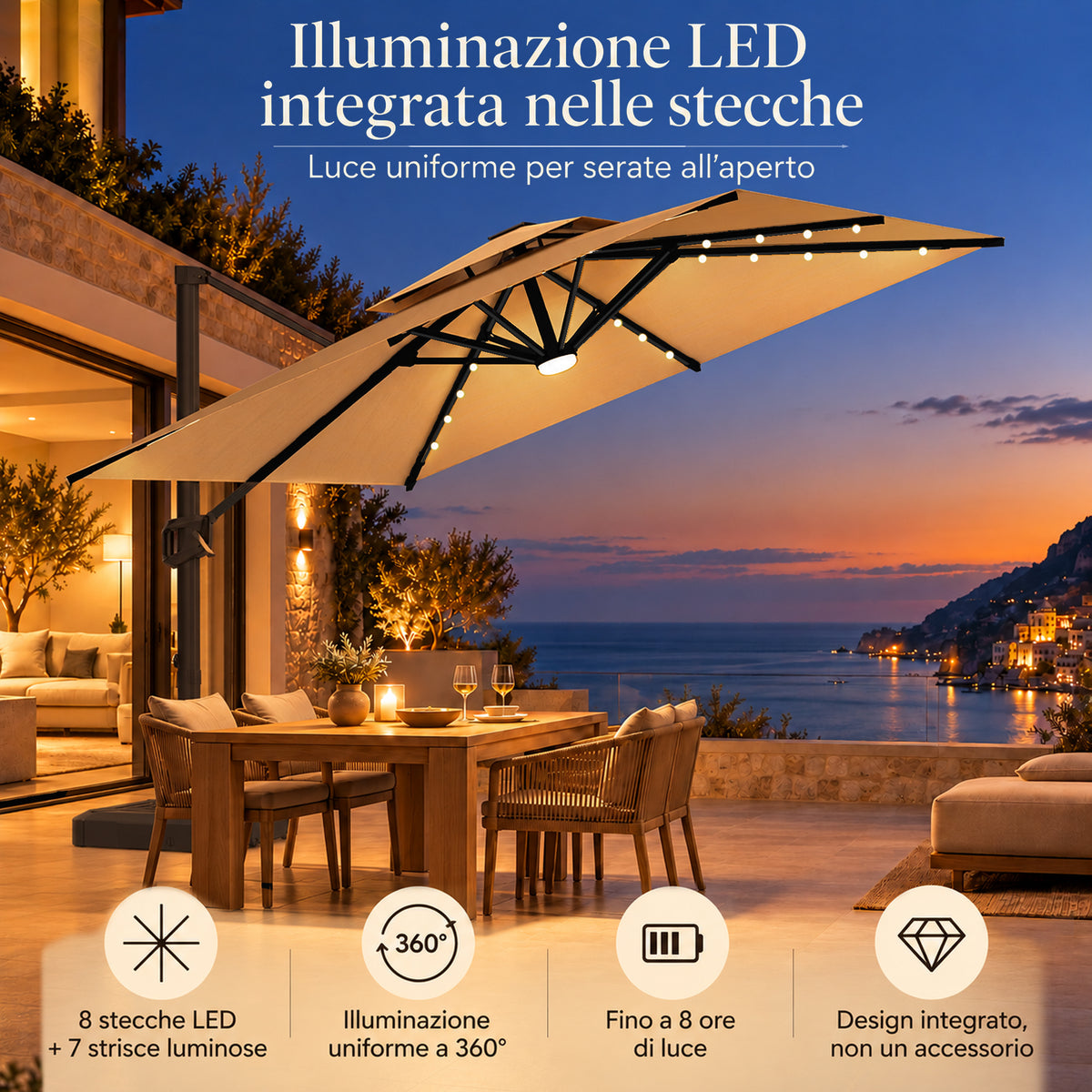 Ombrellone a braccio laterale con LED integrati
