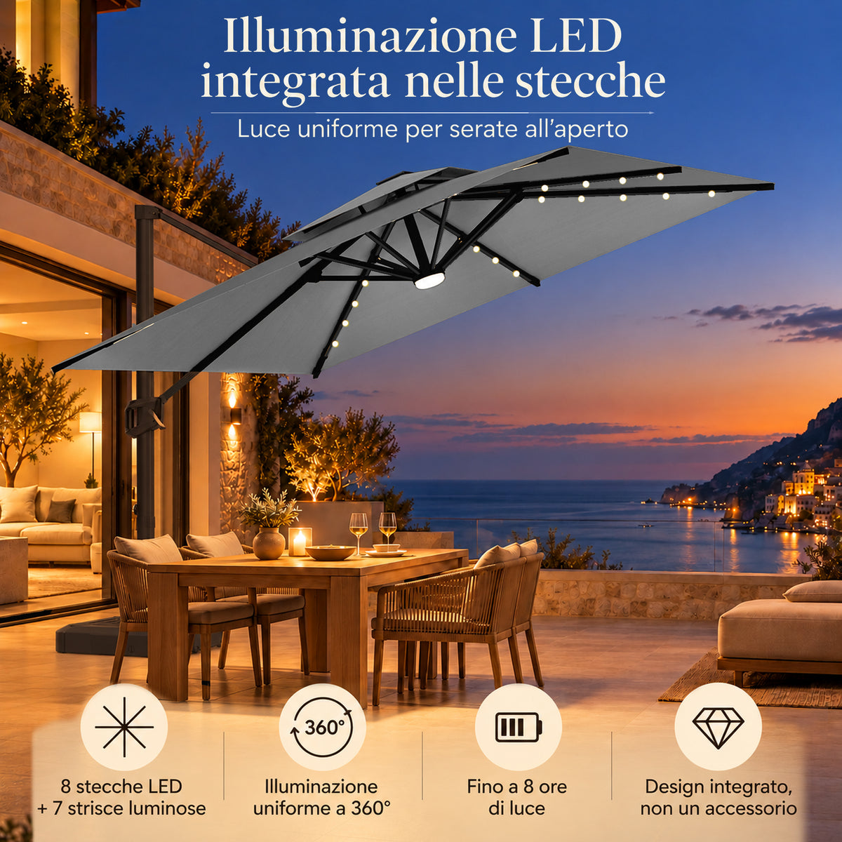 Ombrellone a braccio laterale con LED integrati
