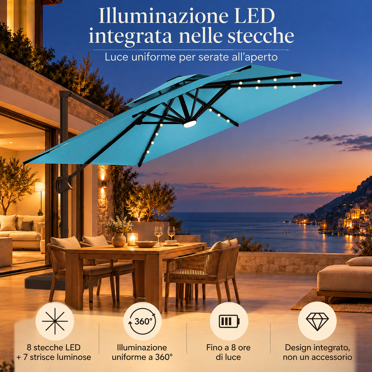 Ombrellone a braccio laterale con LED integrati
