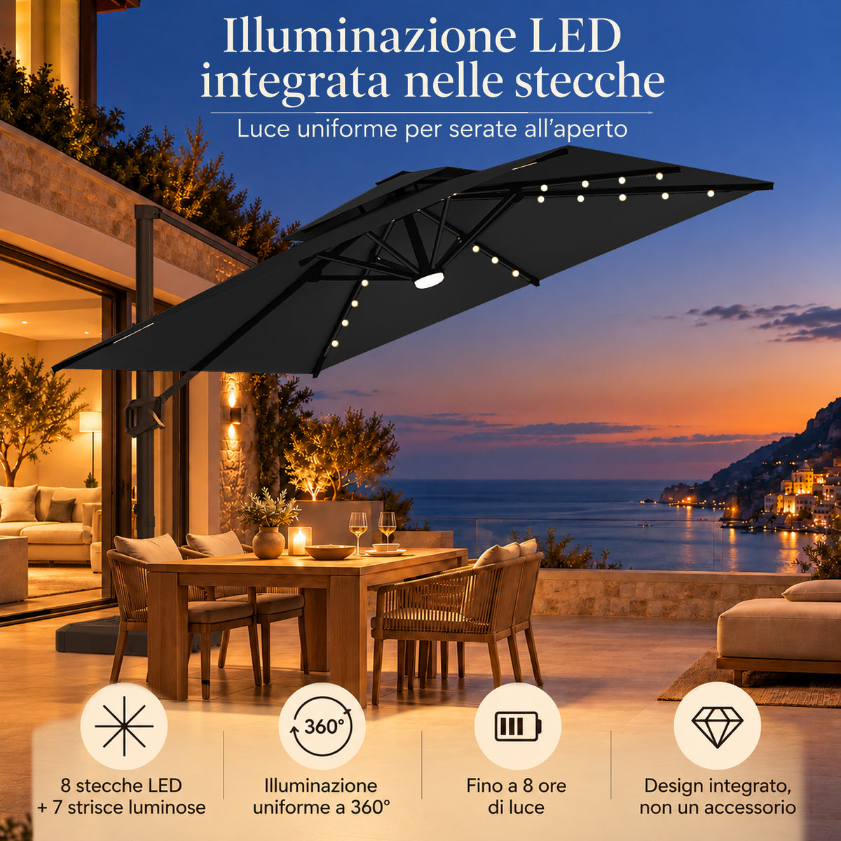 Ombrellone a braccio laterale con LED integrati