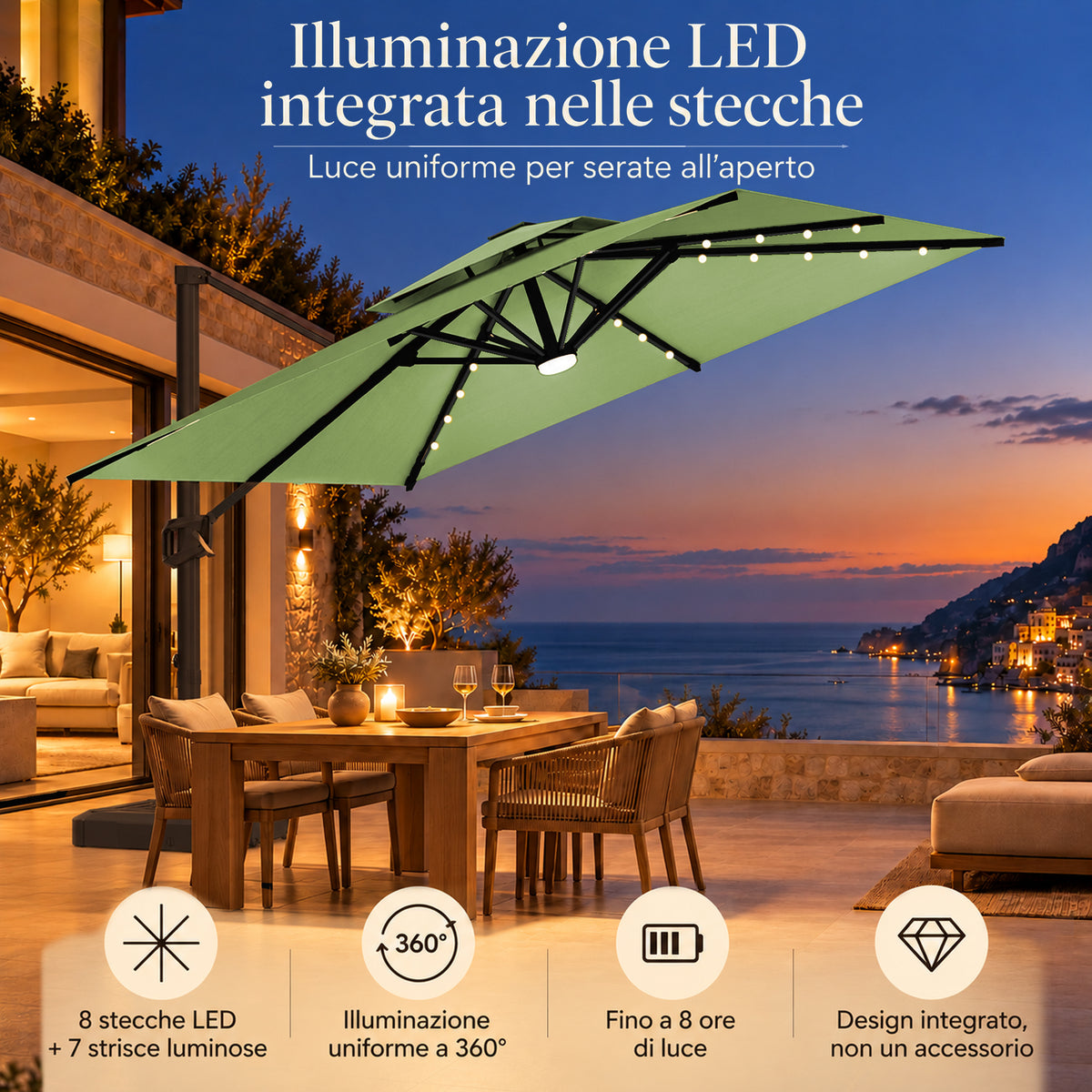 Ombrellone a braccio laterale con LED integrati