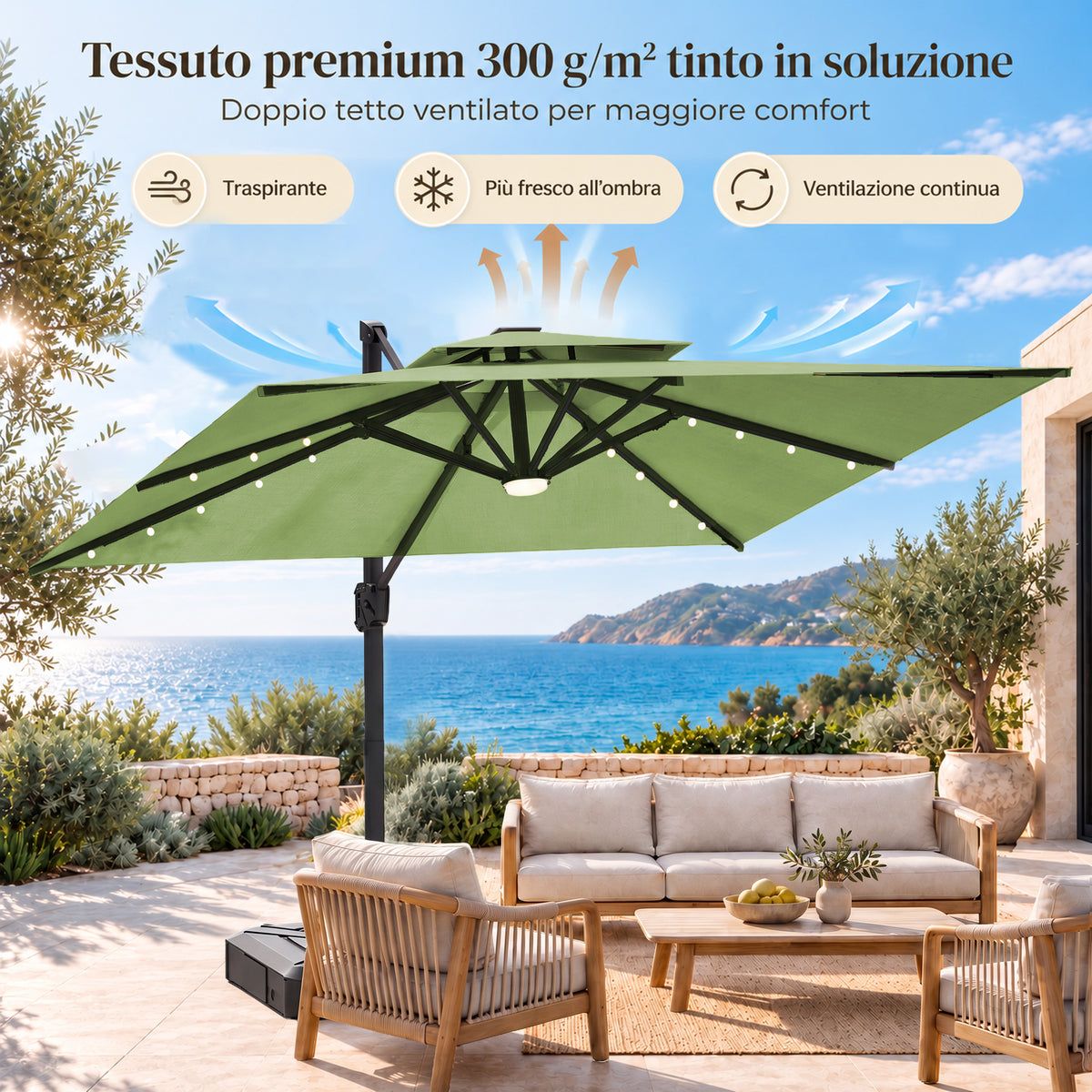 Ombrellone a braccio laterale con LED integrati