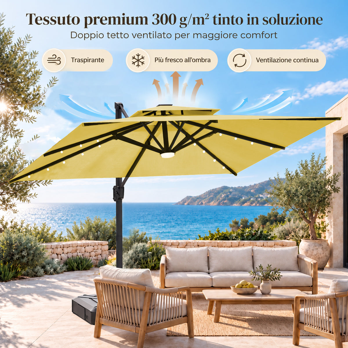 Ombrellone a braccio laterale con LED integrati