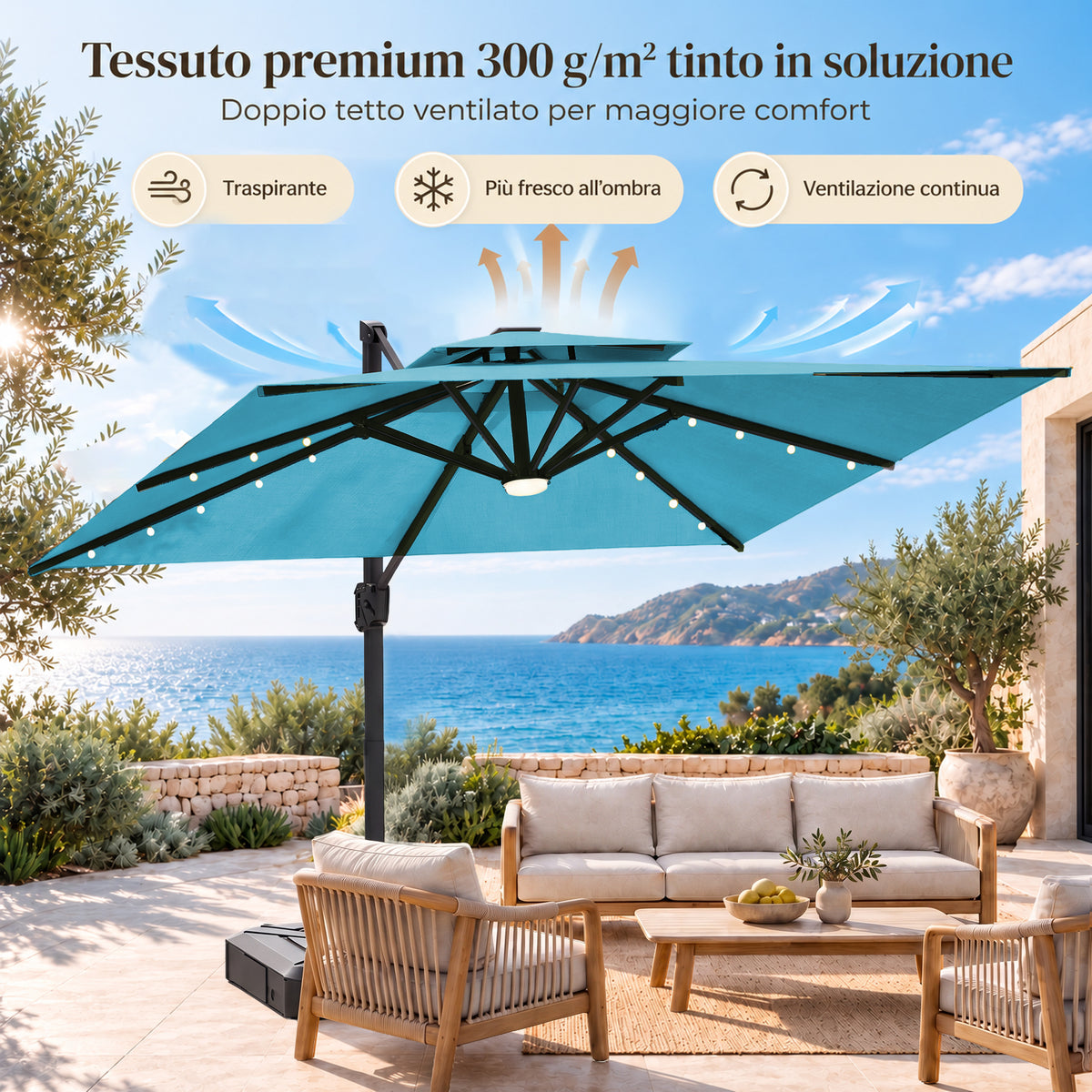 Ombrellone a braccio laterale con LED integrati