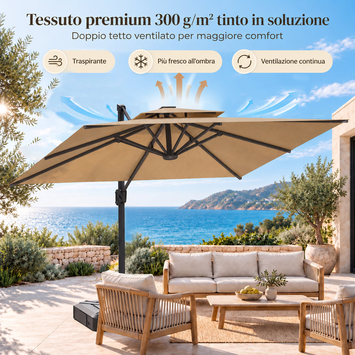 Ombrellone a braccio laterale ad apertura facilitata