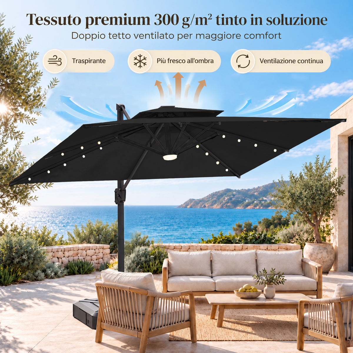 Ombrellone a braccio laterale con LED integrati