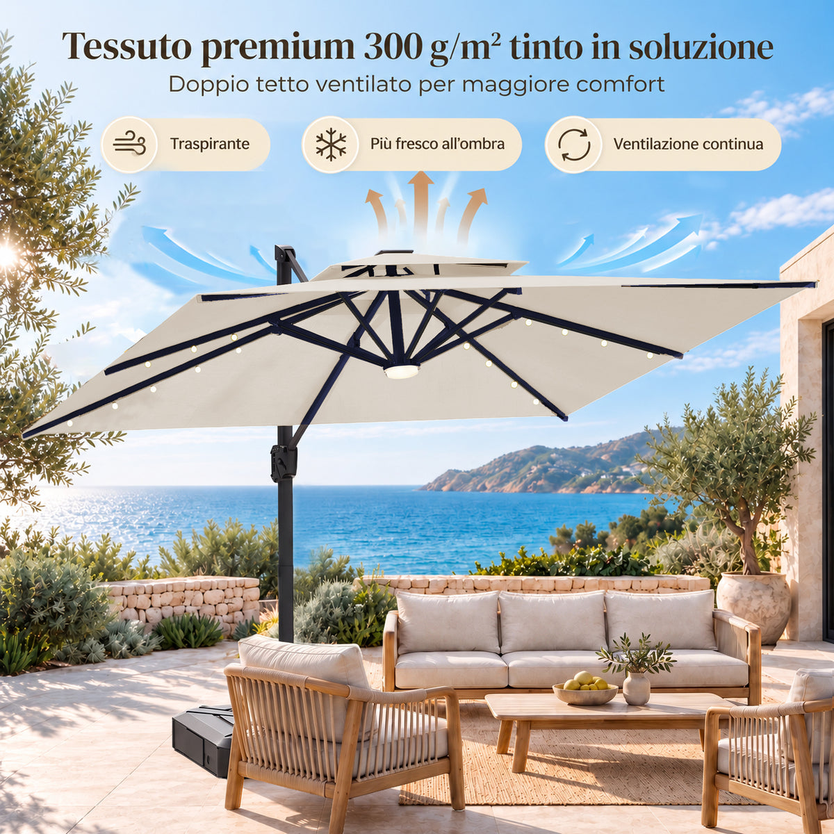 Ombrellone a braccio laterale con LED integrati
