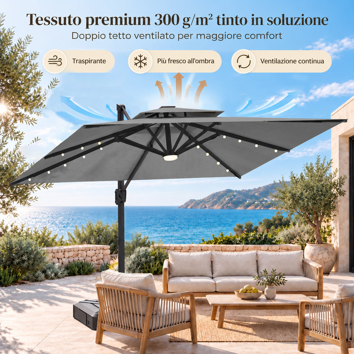 Ombrellone a braccio laterale con LED integrati