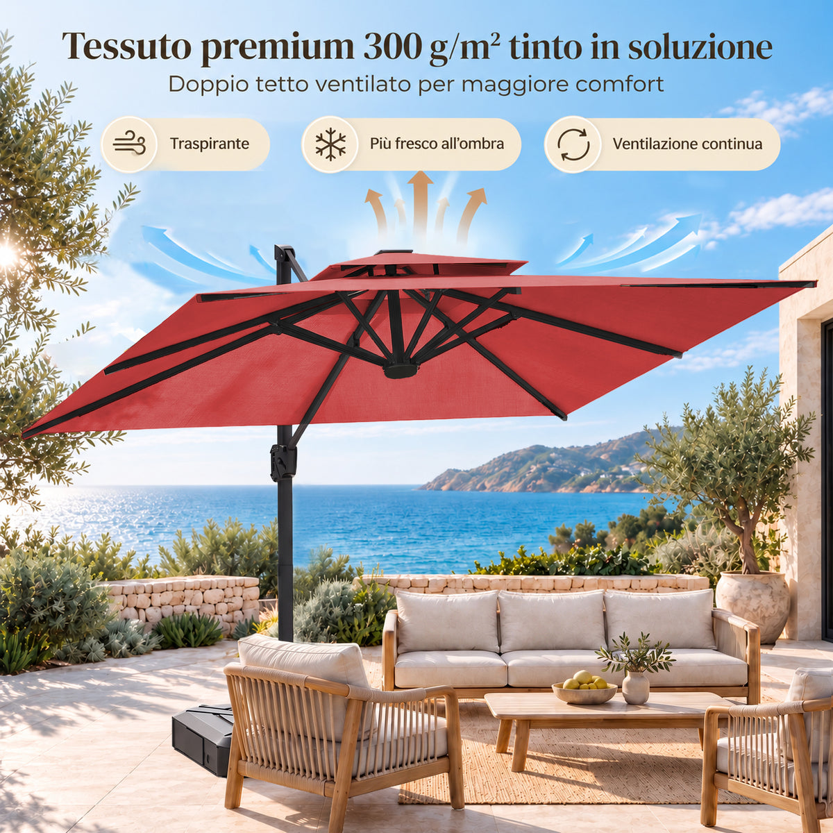 Ombrellone a braccio laterale ad apertura facilitata