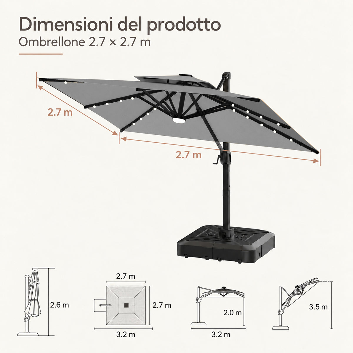 Ombrellone a braccio laterale con LED integrati