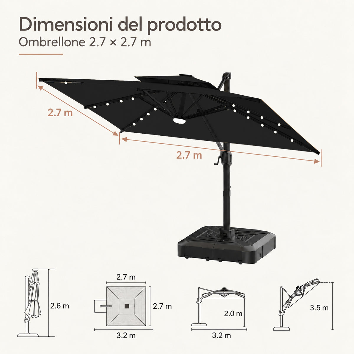Ombrellone a braccio laterale con LED integrati