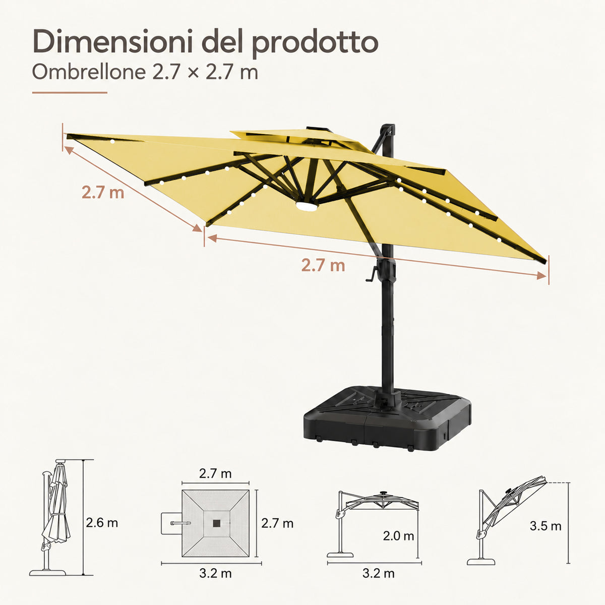 Ombrellone a braccio laterale con LED integrati