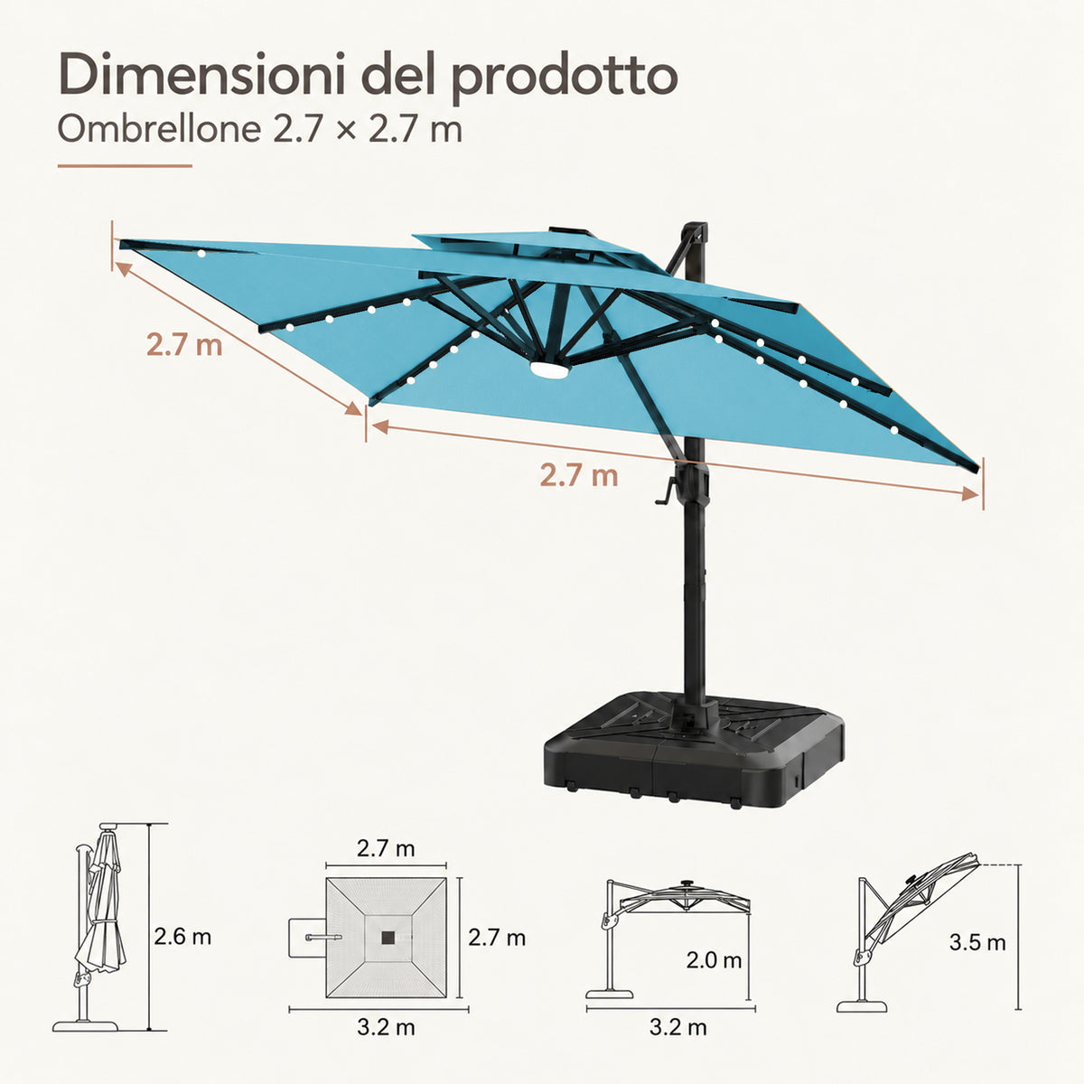 Ombrellone a braccio laterale con LED integrati