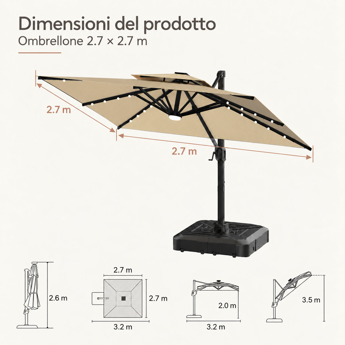 Ombrellone a braccio laterale con LED integrati