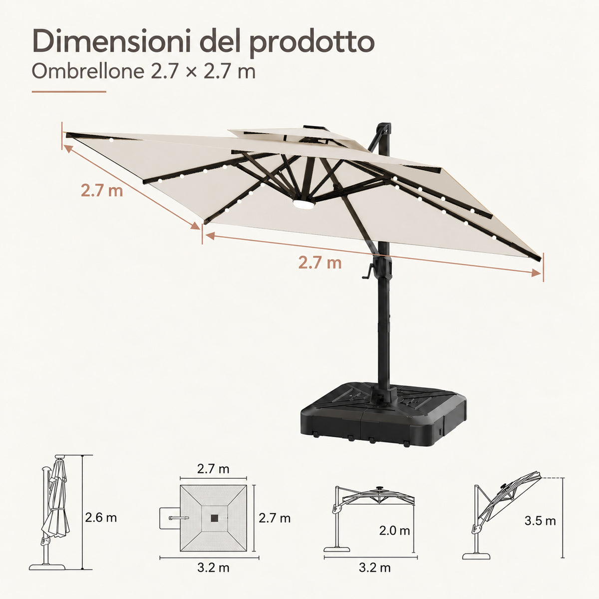 Ombrellone a braccio laterale con LED integrati