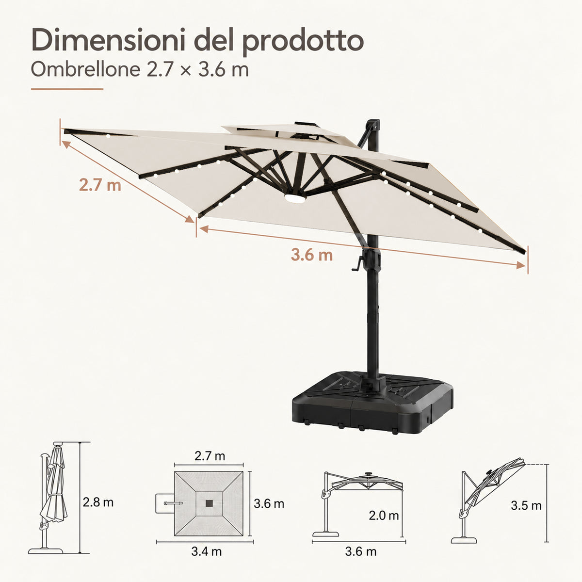 Ombrellone a braccio laterale con LED integrati