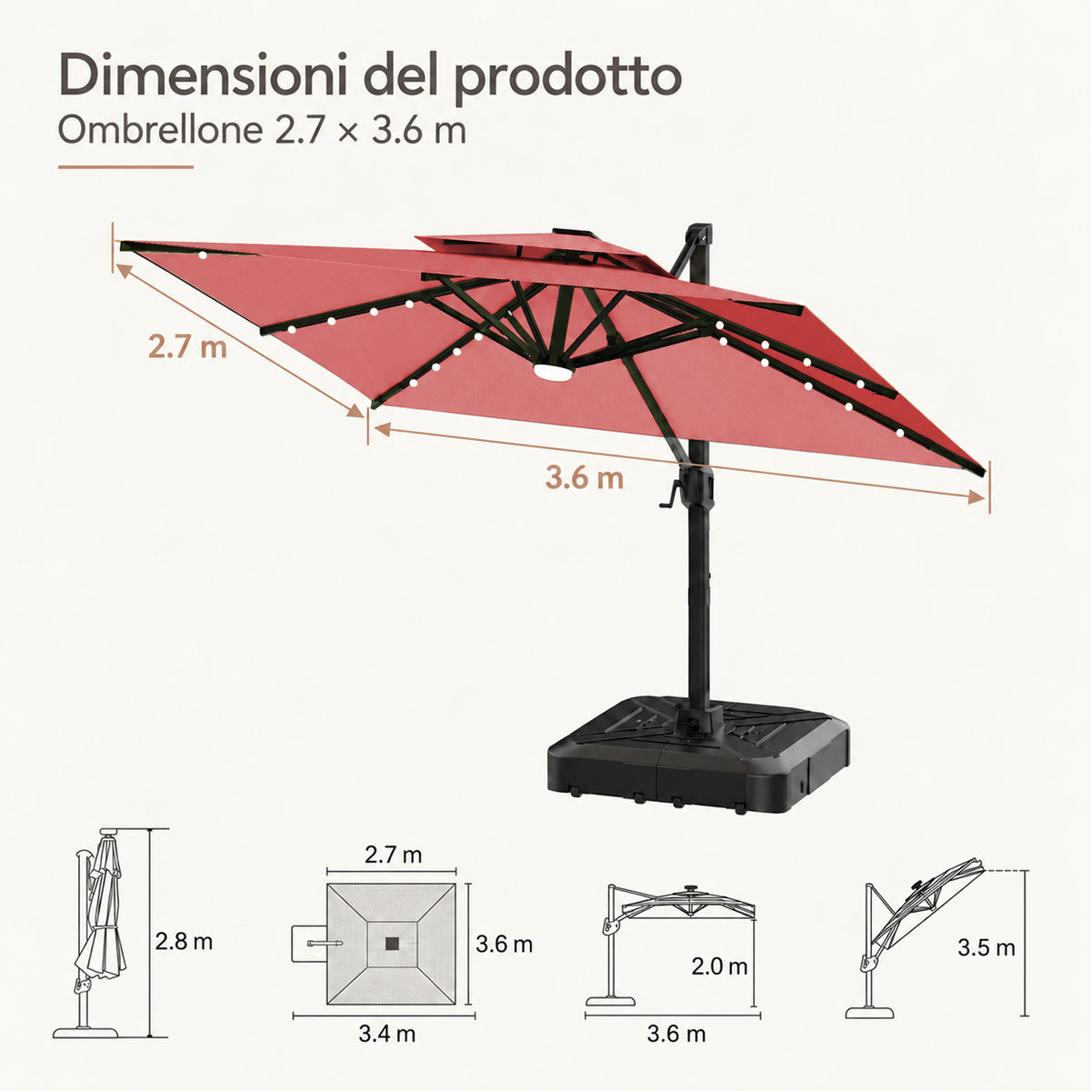 Ombrellone a braccio laterale con LED integrati