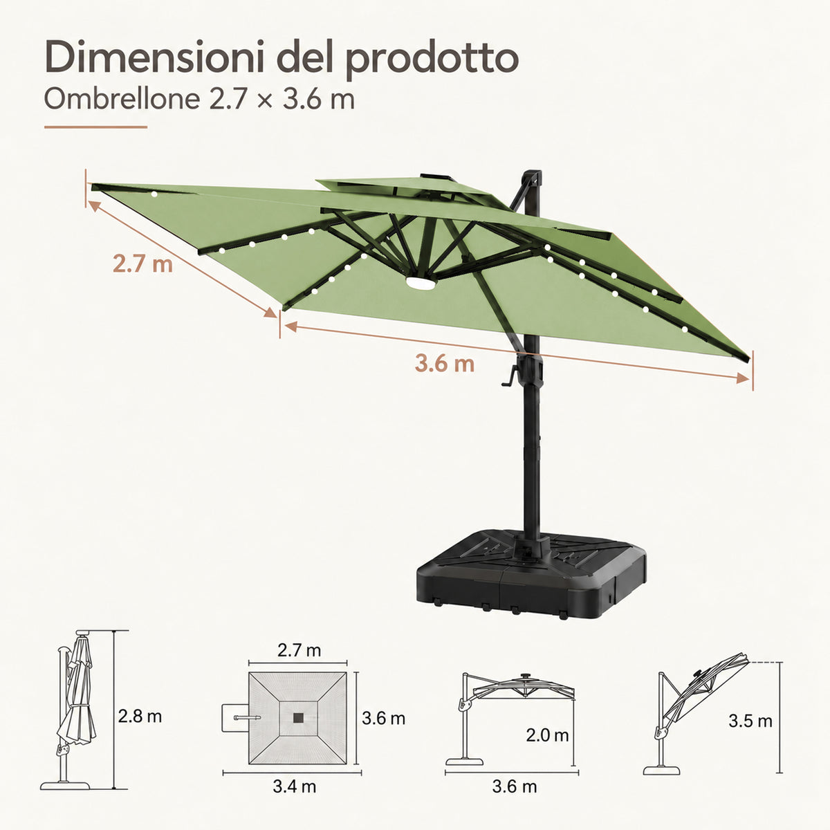 Ombrellone a braccio laterale con LED integrati