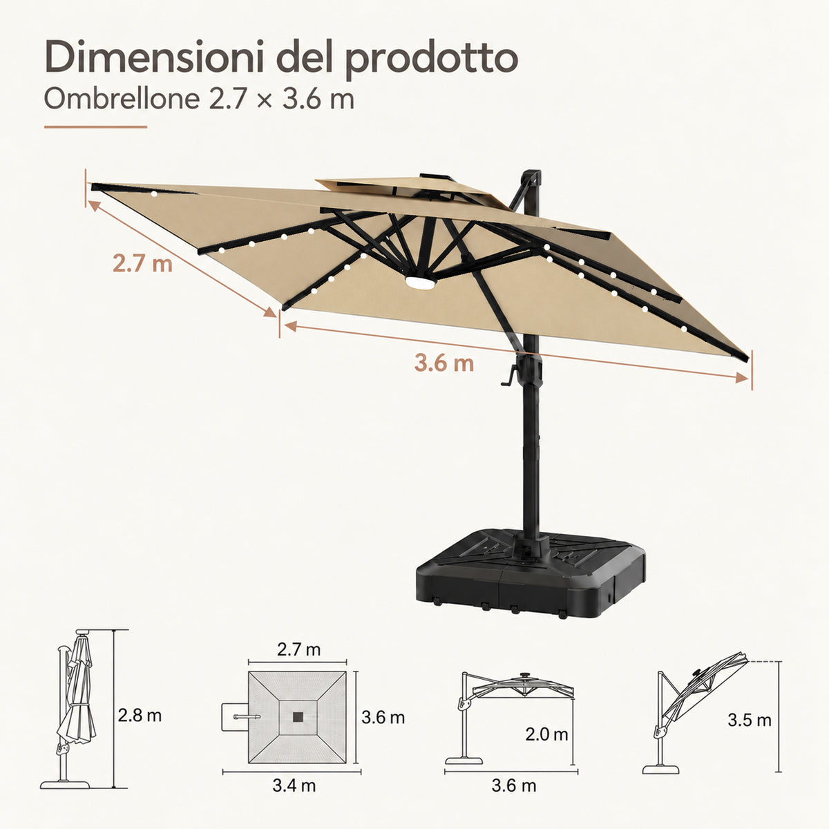 Ombrellone a braccio laterale con LED integrati