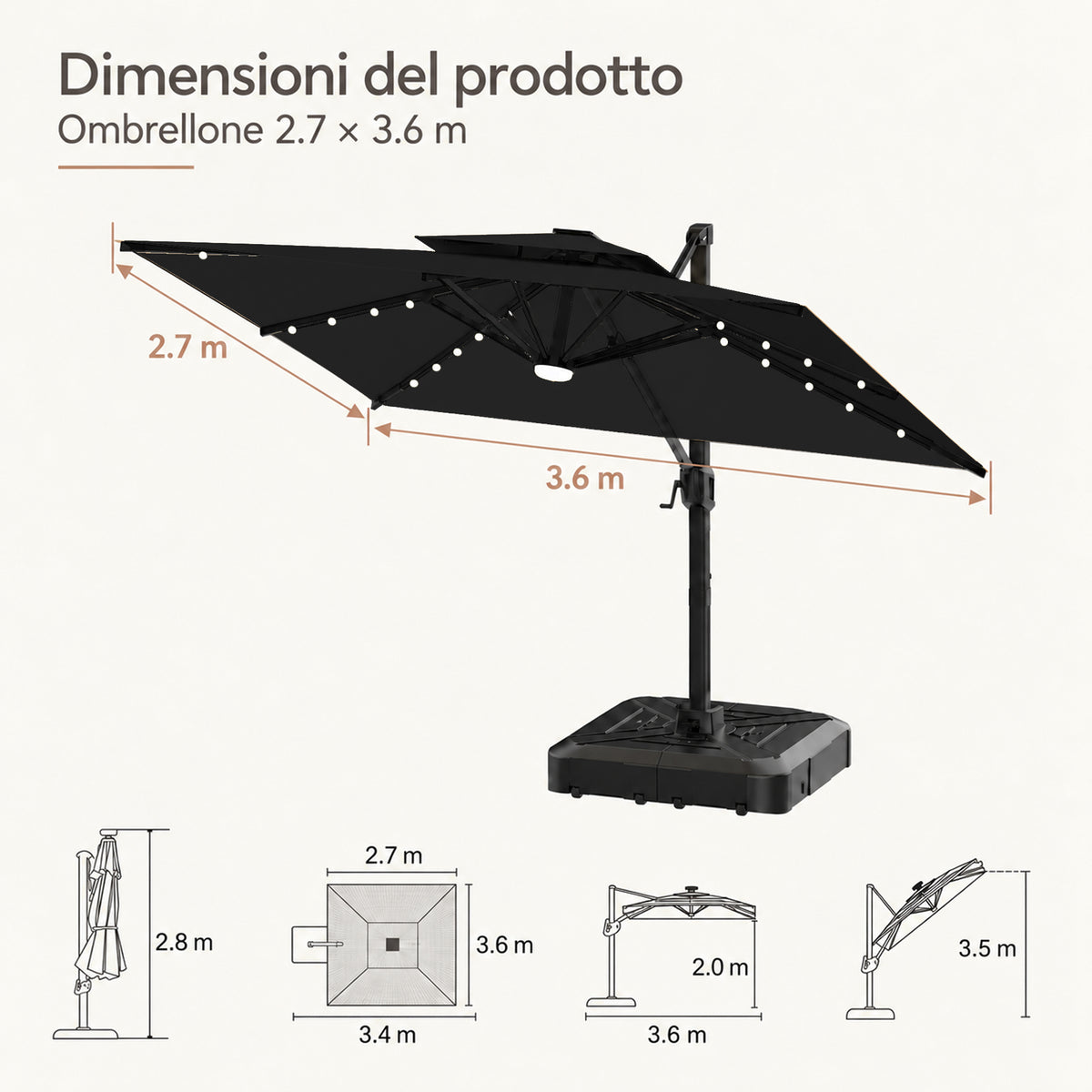 Ombrellone a braccio laterale con LED integrati