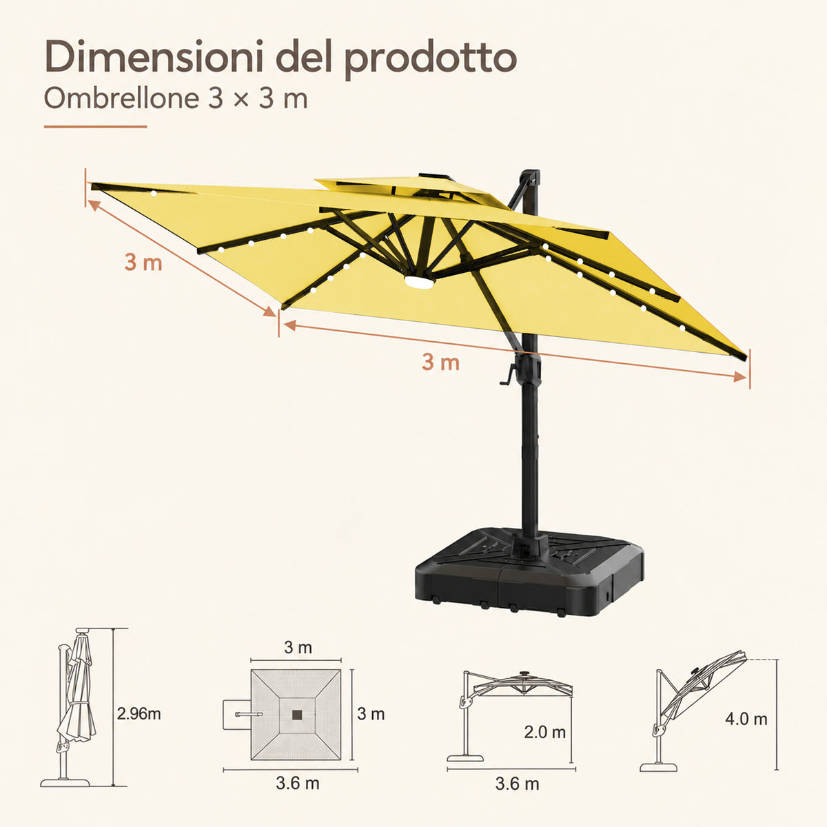 Ombrellone a braccio laterale con LED integrati