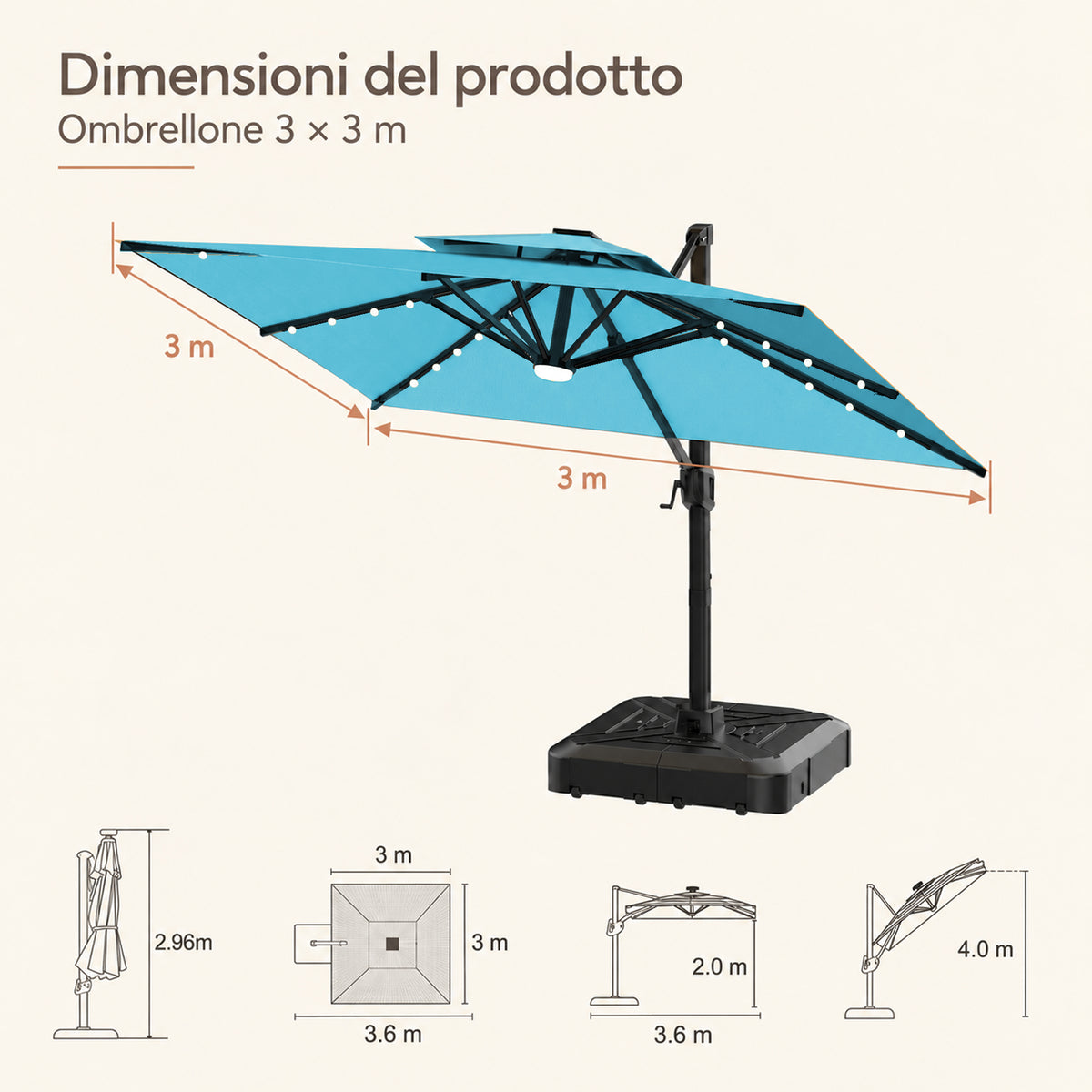 Ombrellone a braccio laterale con LED integrati
