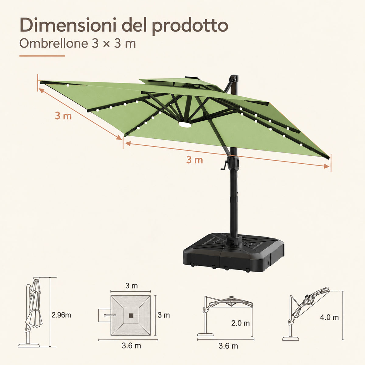 Ombrellone a braccio laterale con LED integrati