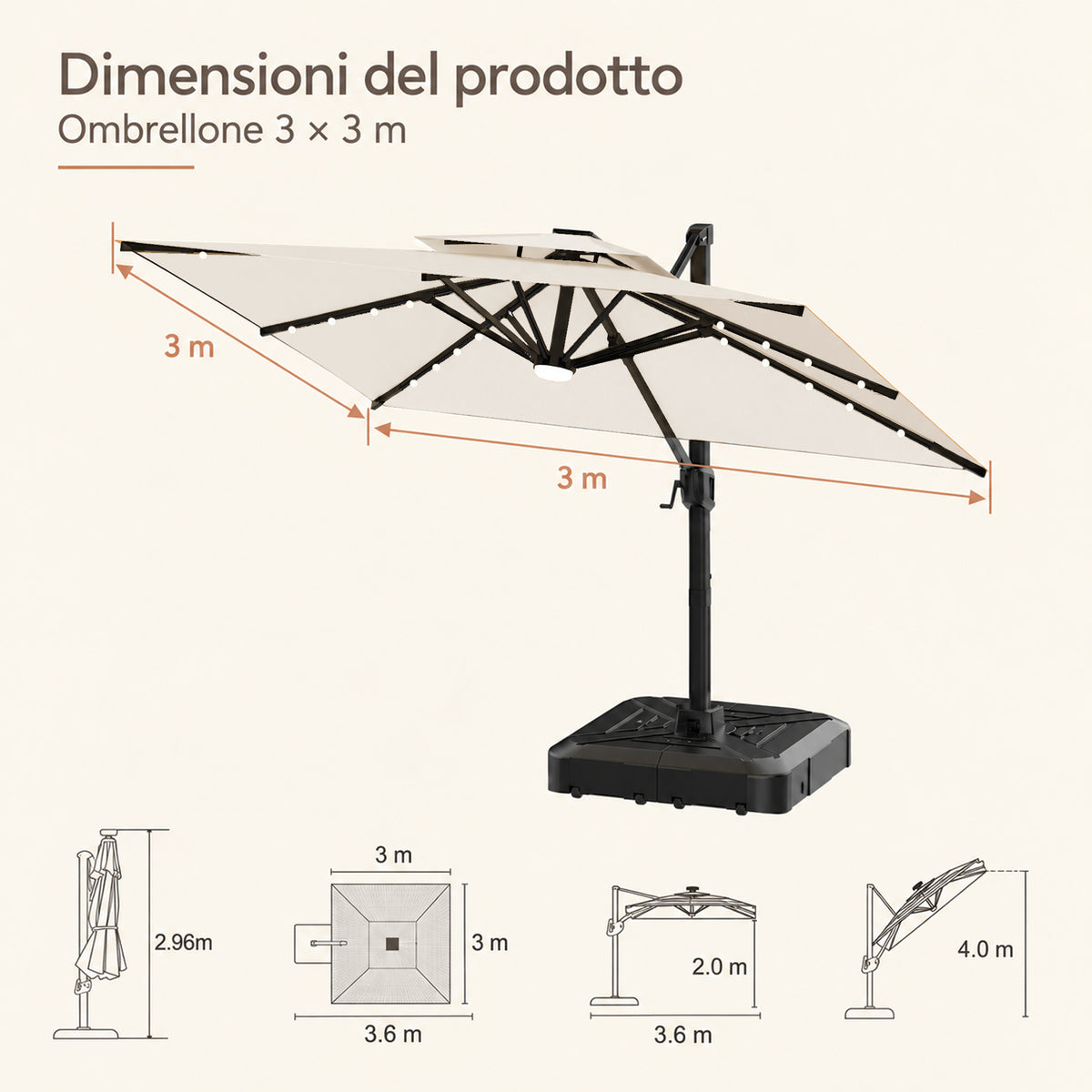 Ombrellone a braccio laterale con LED integrati