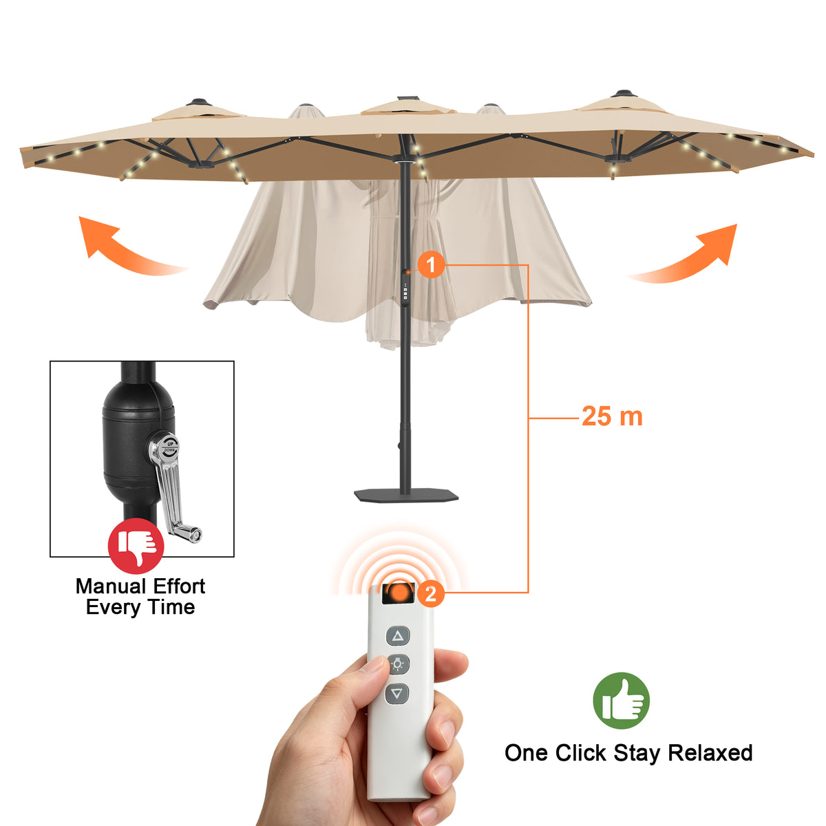Ombrellone da giardino motorizzato 2,7×4,6 m con luci LED solari