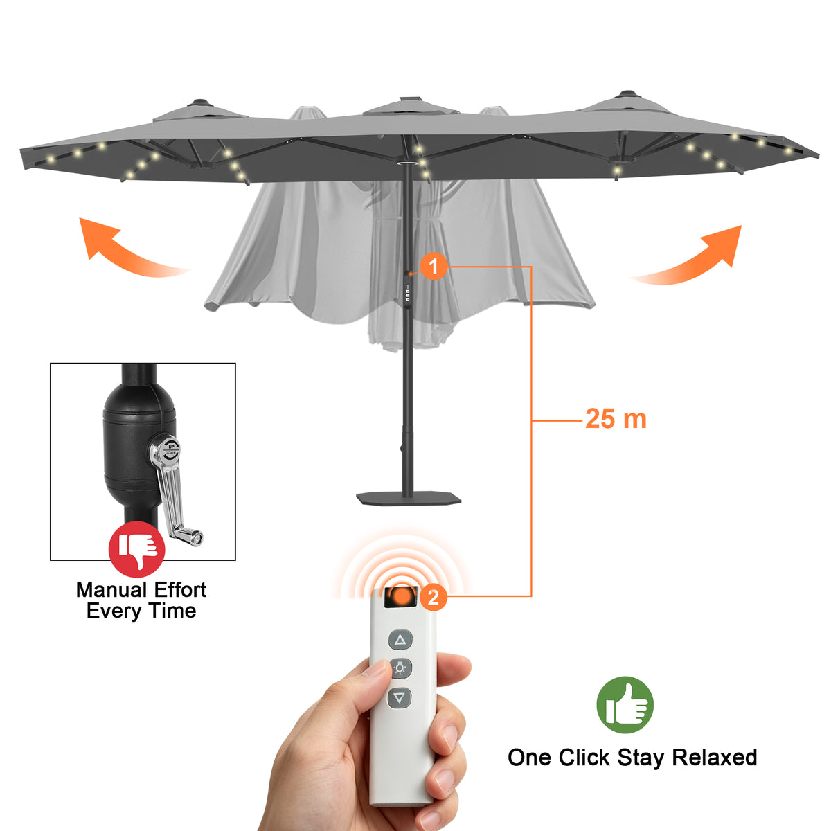 Ombrellone da giardino motorizzato 2,7×4,6 m con luci LED solari