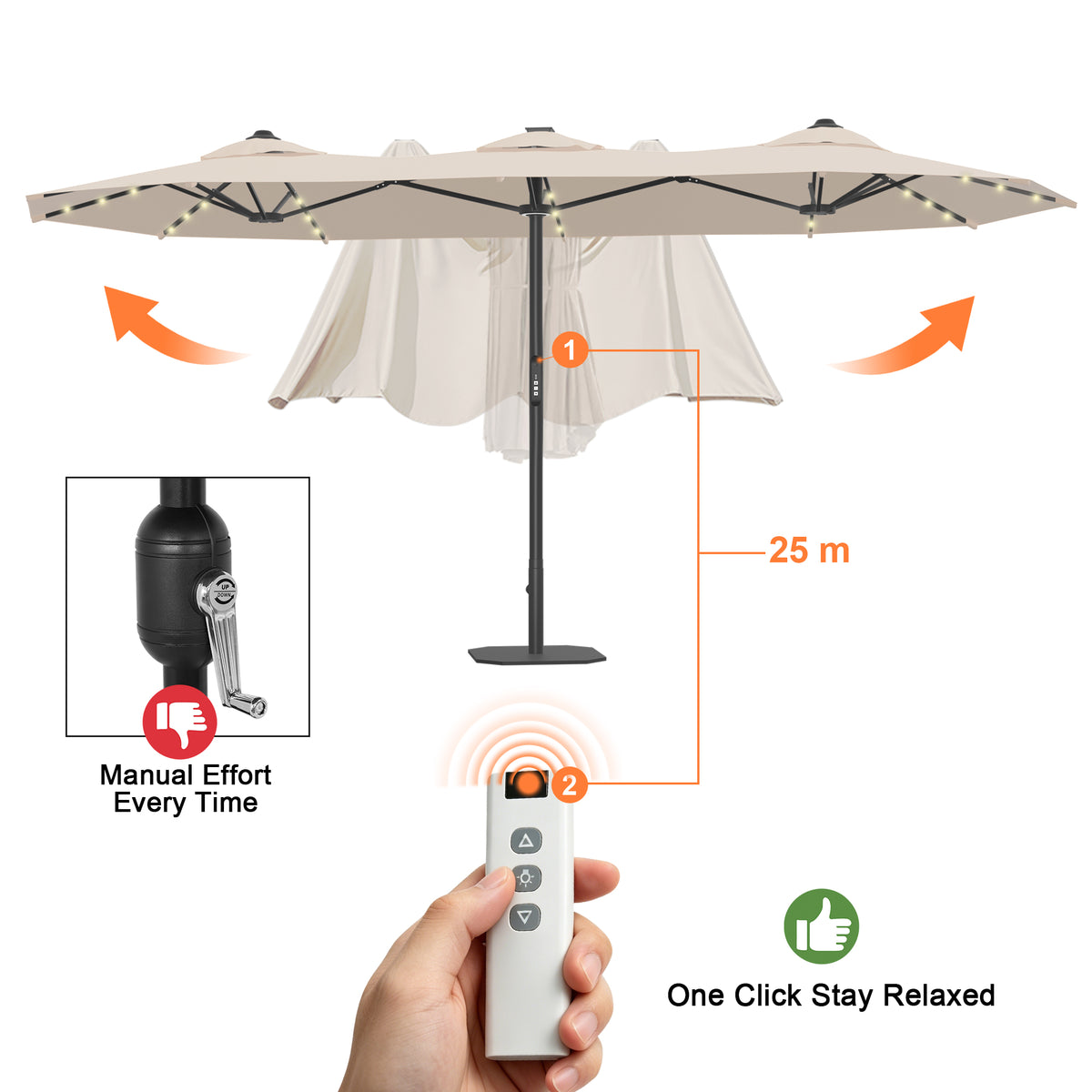 Ombrellone da giardino motorizzato 2,7×4,6 m con luci LED solari