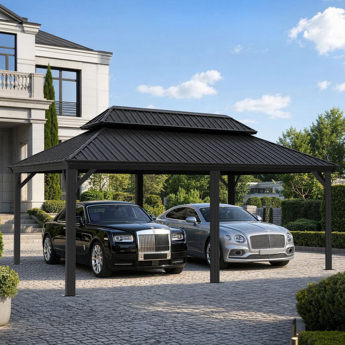 Carport in alluminio con tetto in acciaio per auto e veicoli