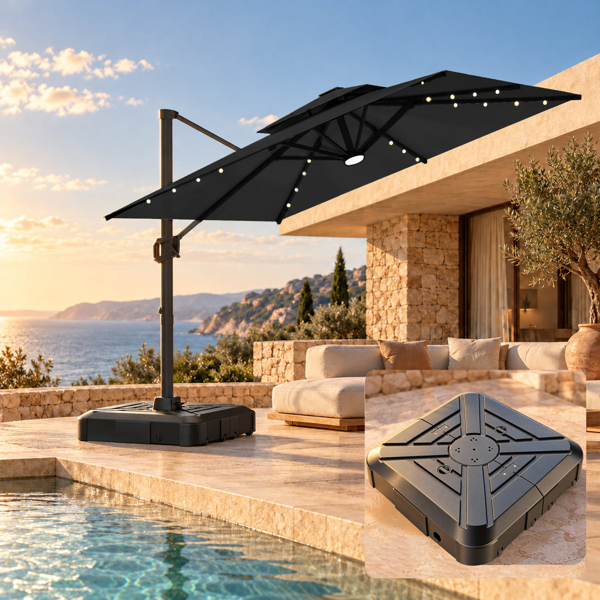 Ombrellone a braccio laterale con LED integrati