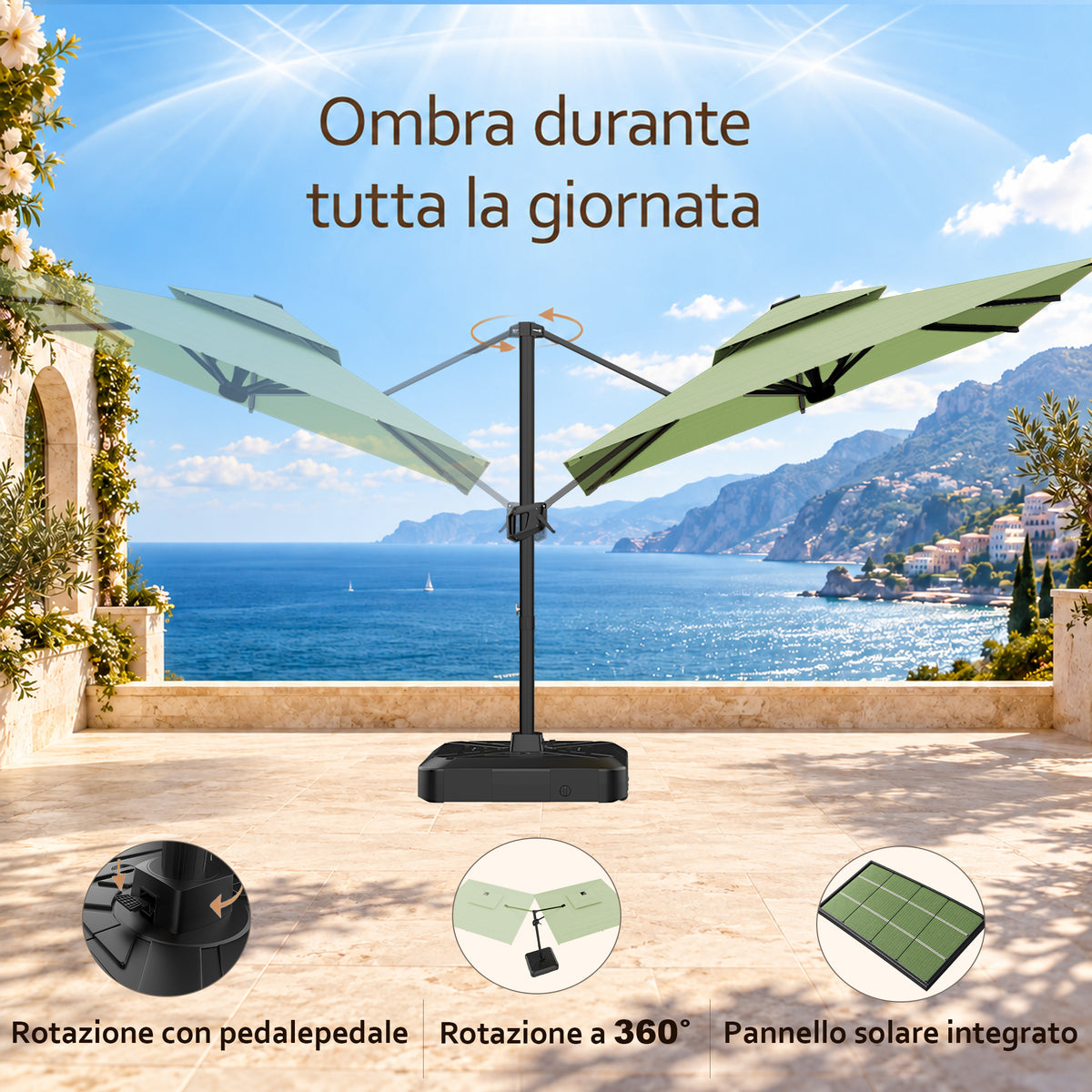 Ombrellone a braccio laterale ad apertura facilitata