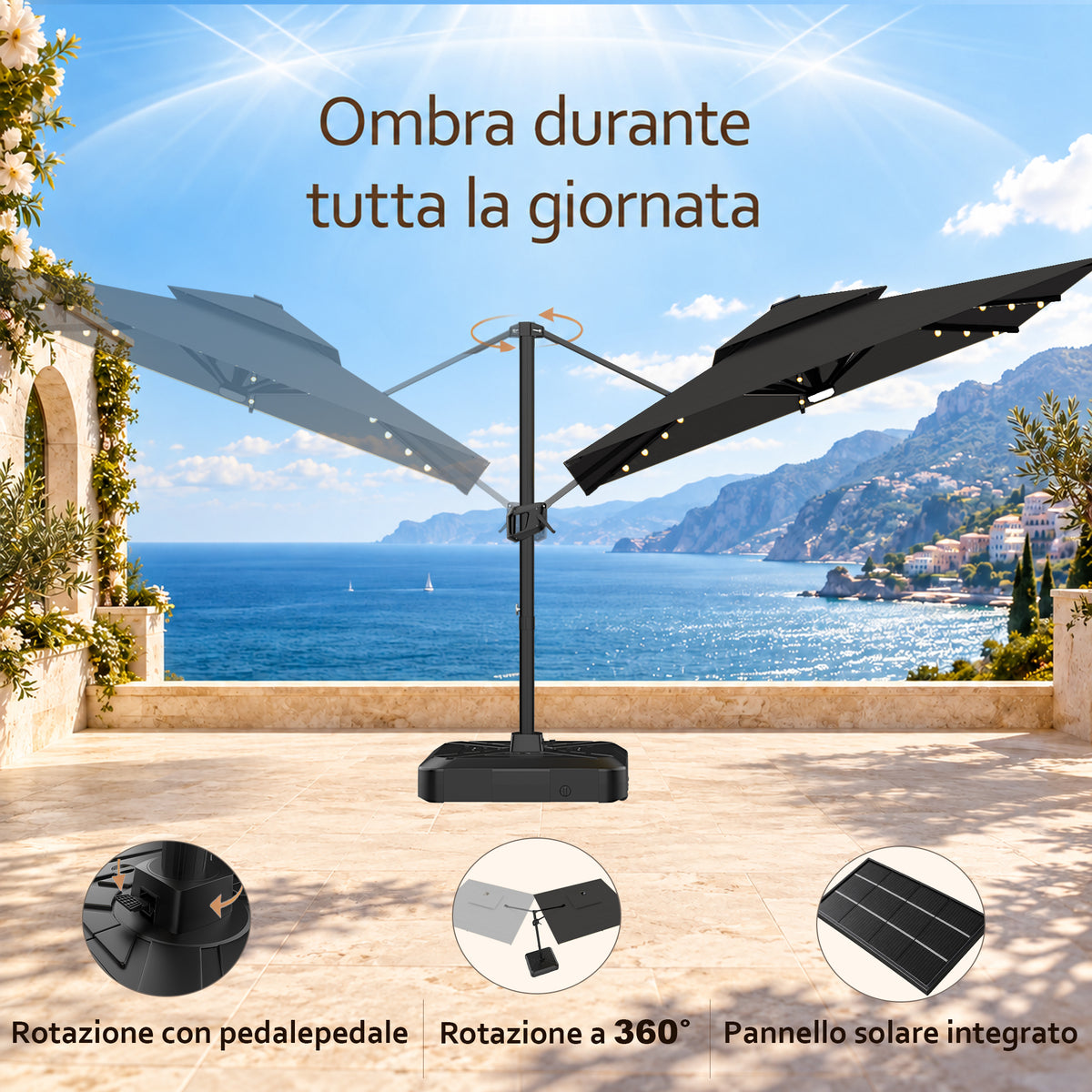 Ombrellone a braccio laterale con LED integrati