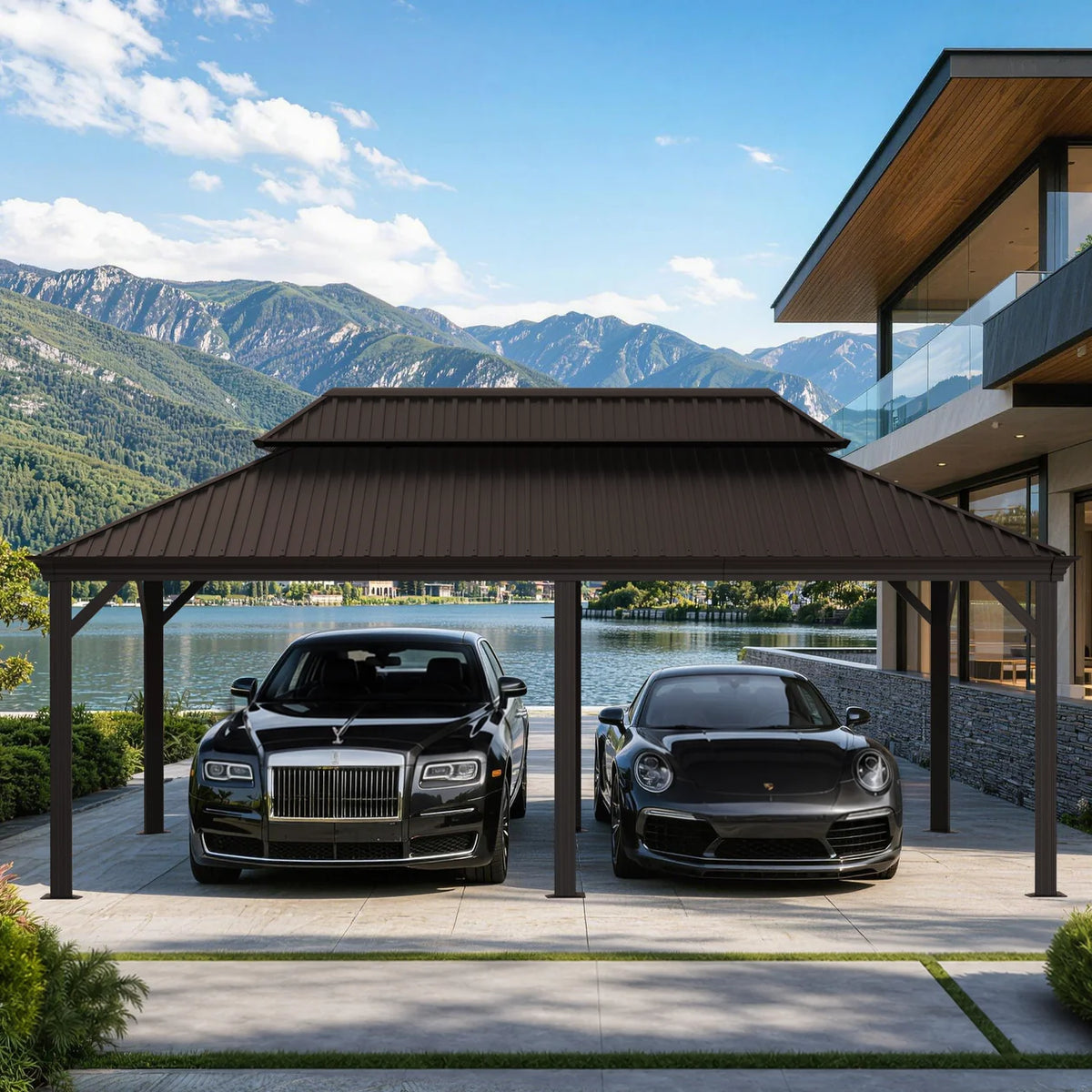 Carport in alluminio con tetto in acciaio per auto e veicoli