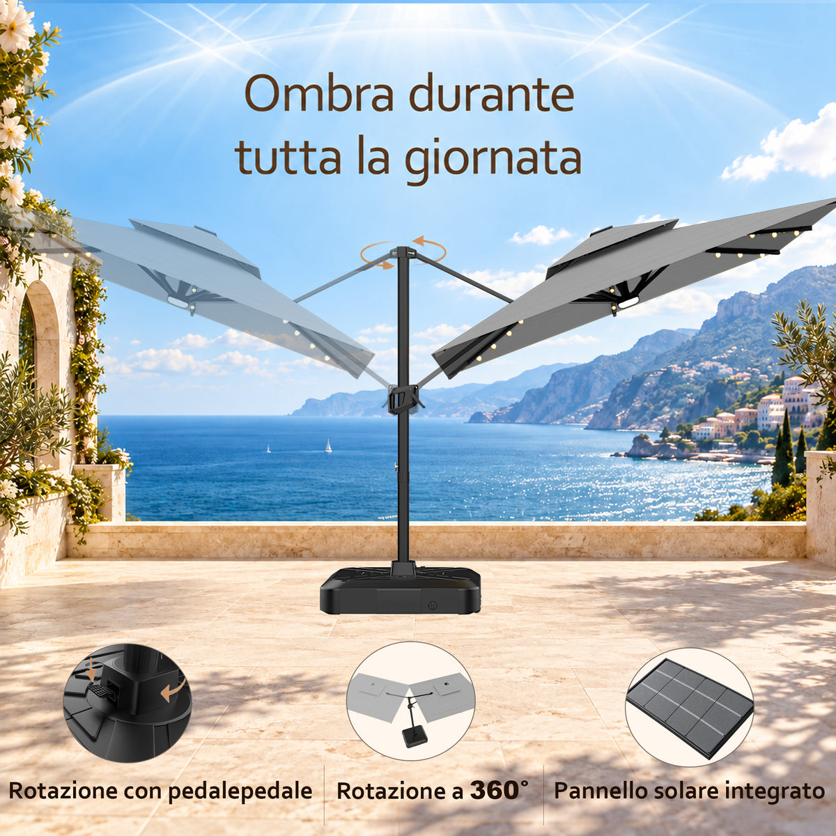 Ombrellone a braccio laterale con LED integrati
