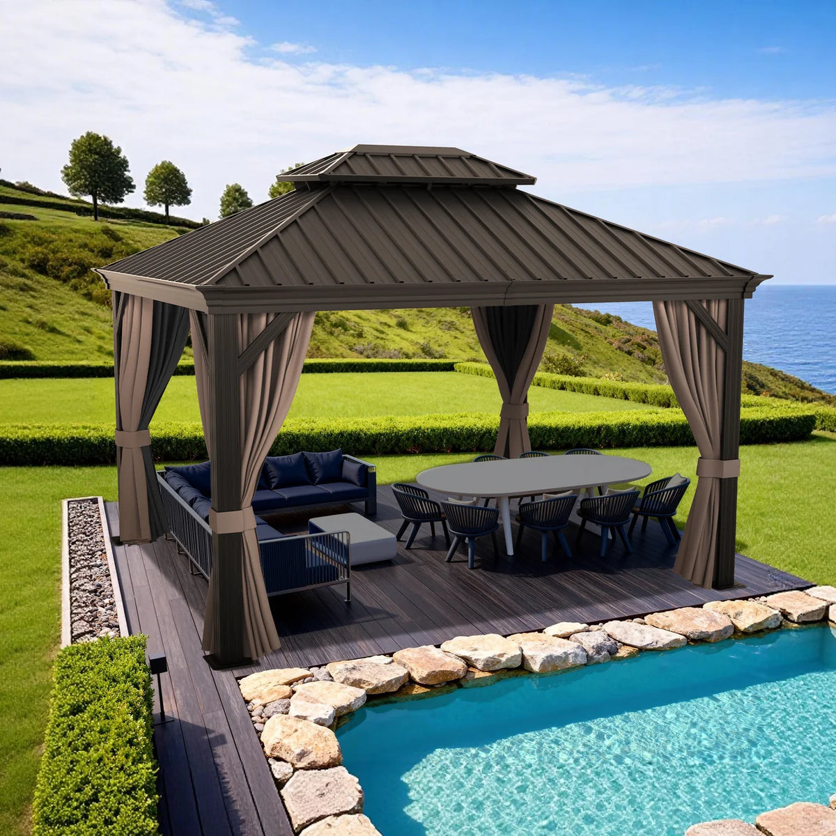 Gazebo da giardino con tetto rigido in alluminio e tende laterali